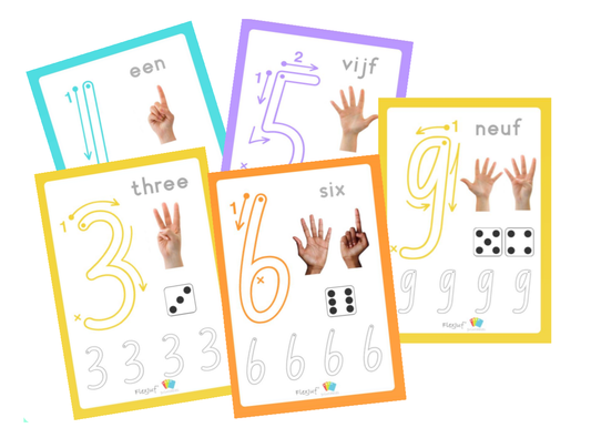 Printable: Cijfers/hand/dobbelsteen in 3 talen