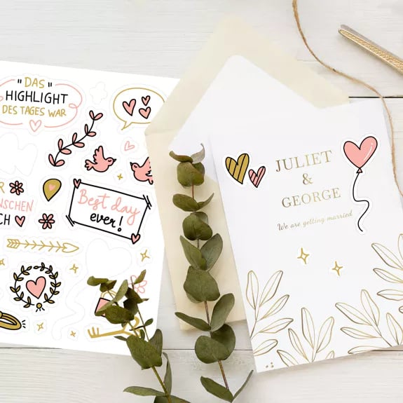 Stickers huwelijk / trouwen - roze/goud (6 vellen)