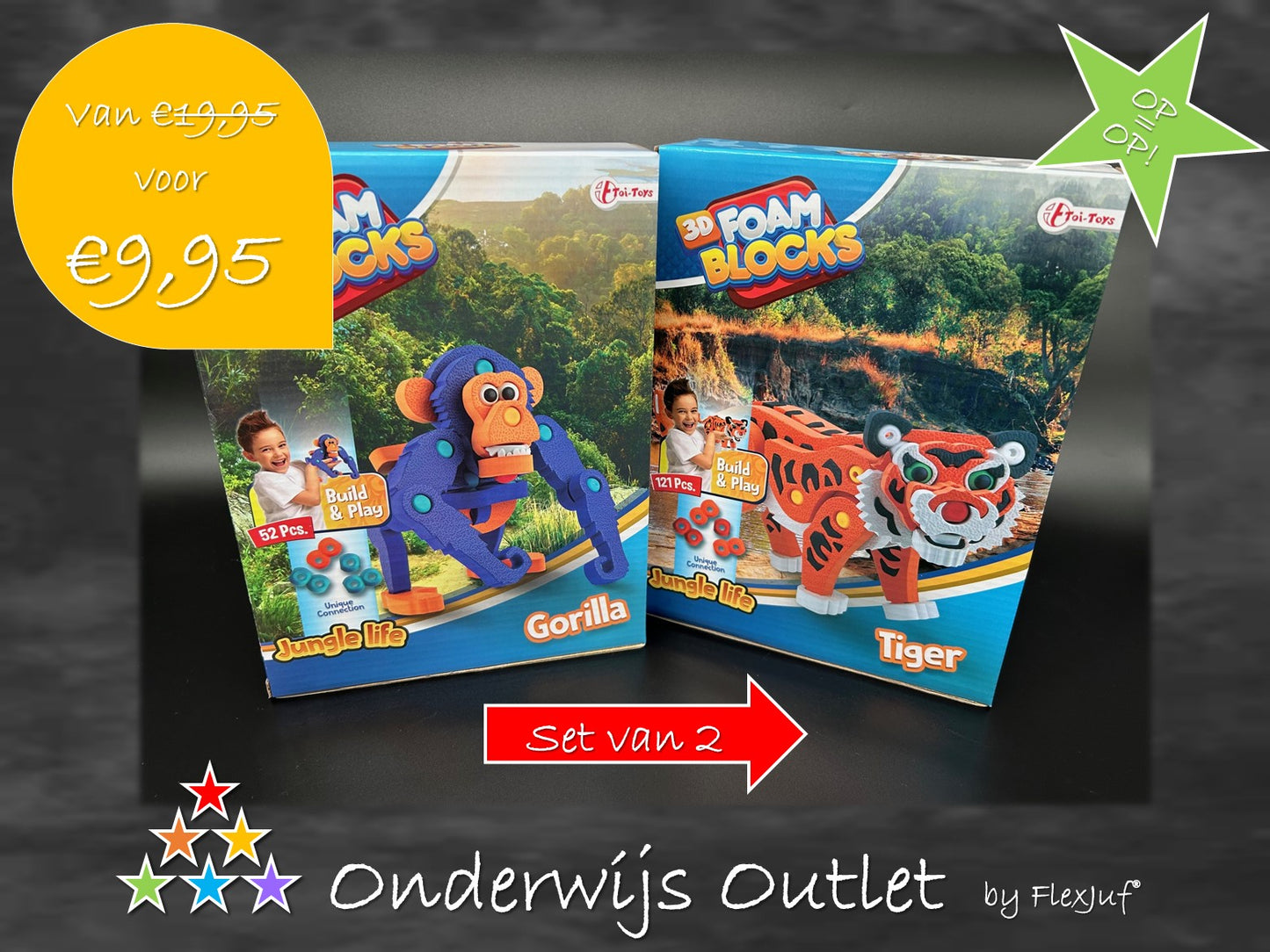 Onderwijs outlet: Voordeelset 3D Foam blocks XL puzzel - Gorilla + Tijger