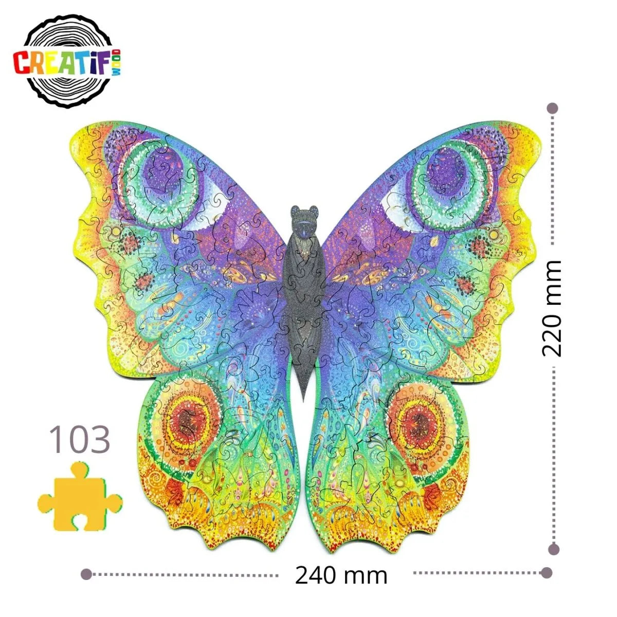 Heldere vlinder 24 x 22 cm - Houten puzzel (103 unieke stukjes)