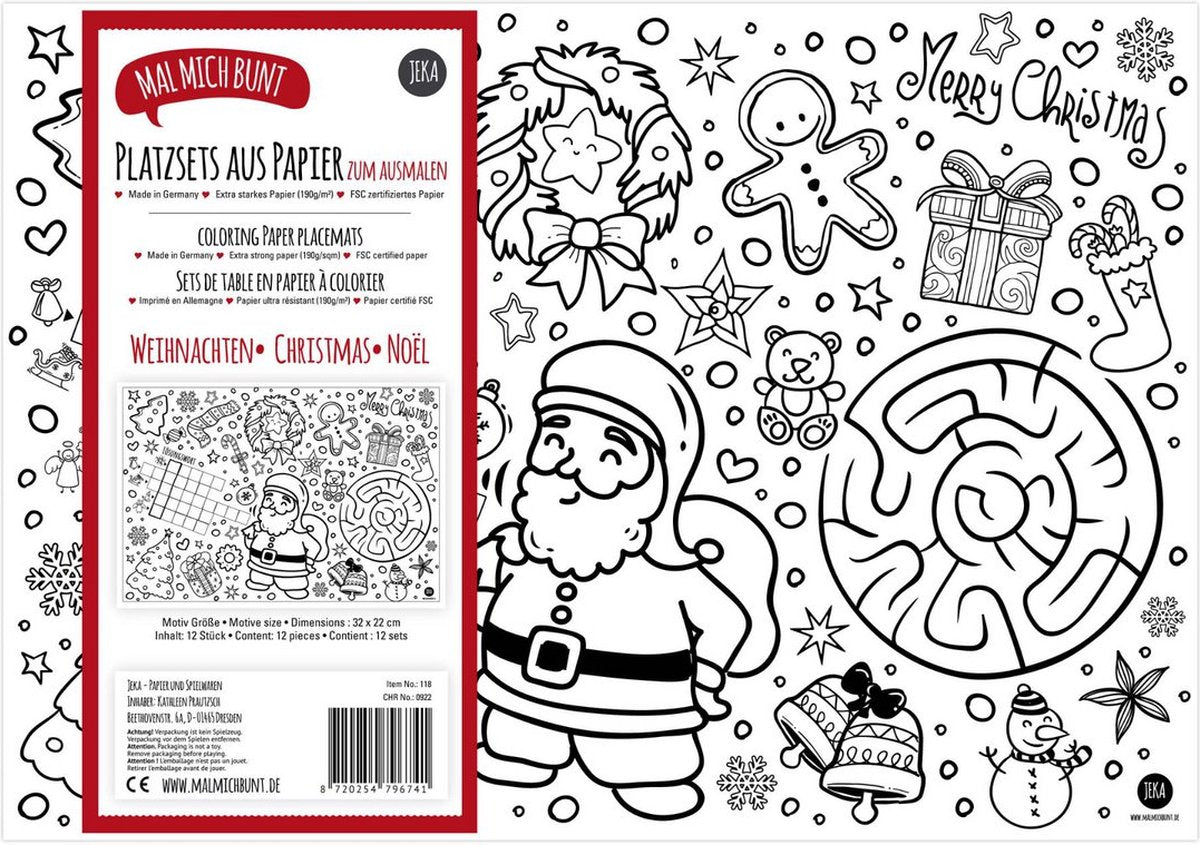 Papieren placemat / kleurplaat - Kerst (12 stuks)