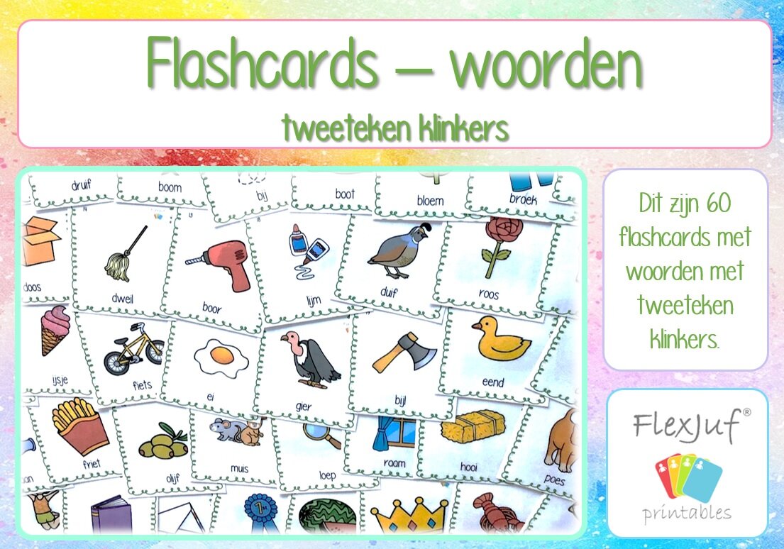 Printable: Flashcards - woorden met tweetekenklinkers (60 st.)