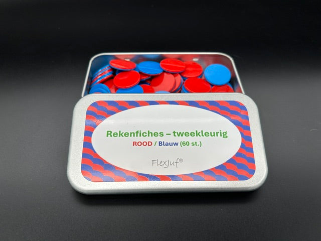 Rekenfiches tweekleurig - Rood/Blauw (60 st.) Ø25 mm