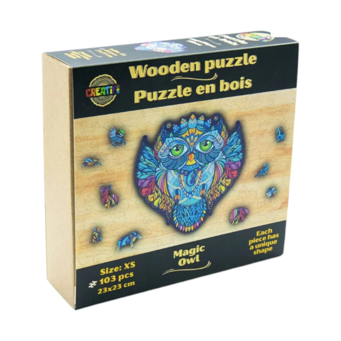Magische uil 23 x 23 cm - Houten puzzel (103 unieke stukjes)