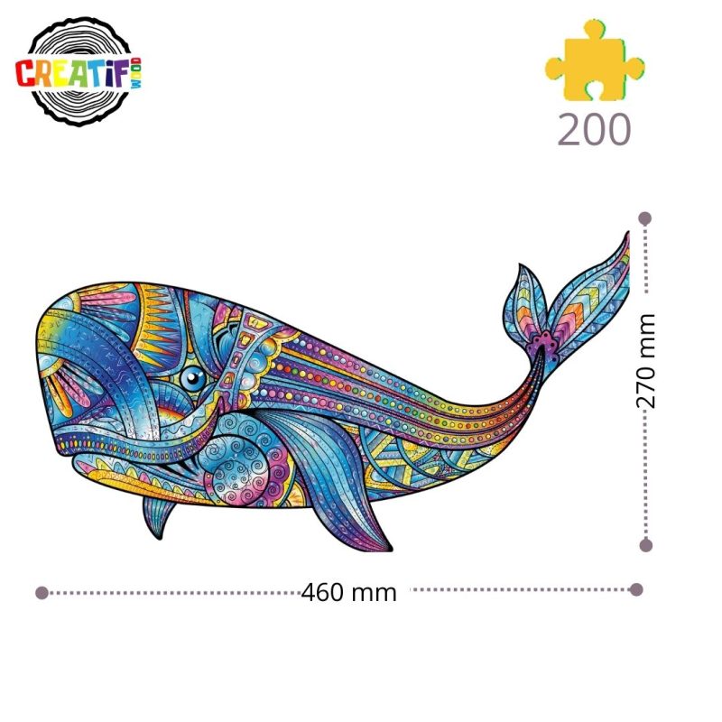 Blauwe vinvis 42 x 25 cm - Houten puzzel (200 unieke stukjes)